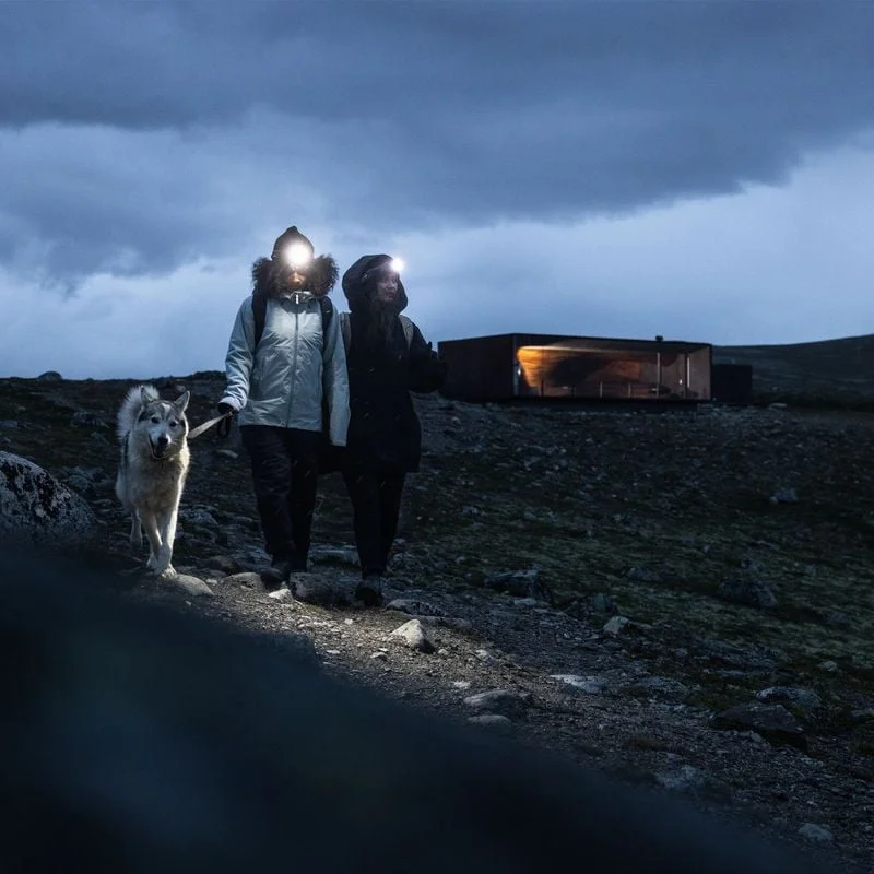 Two people walk on a country trail in the dark walking a dog and carrying Thule AllTrail hydration daypacks.