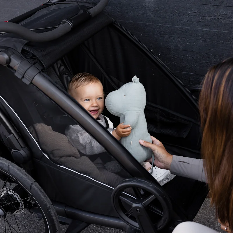 Ein Baby sitzt in einem schwarzen Thule Chariot Sport 2 Kinderfahrradanhänger und hält ein Stofftier.