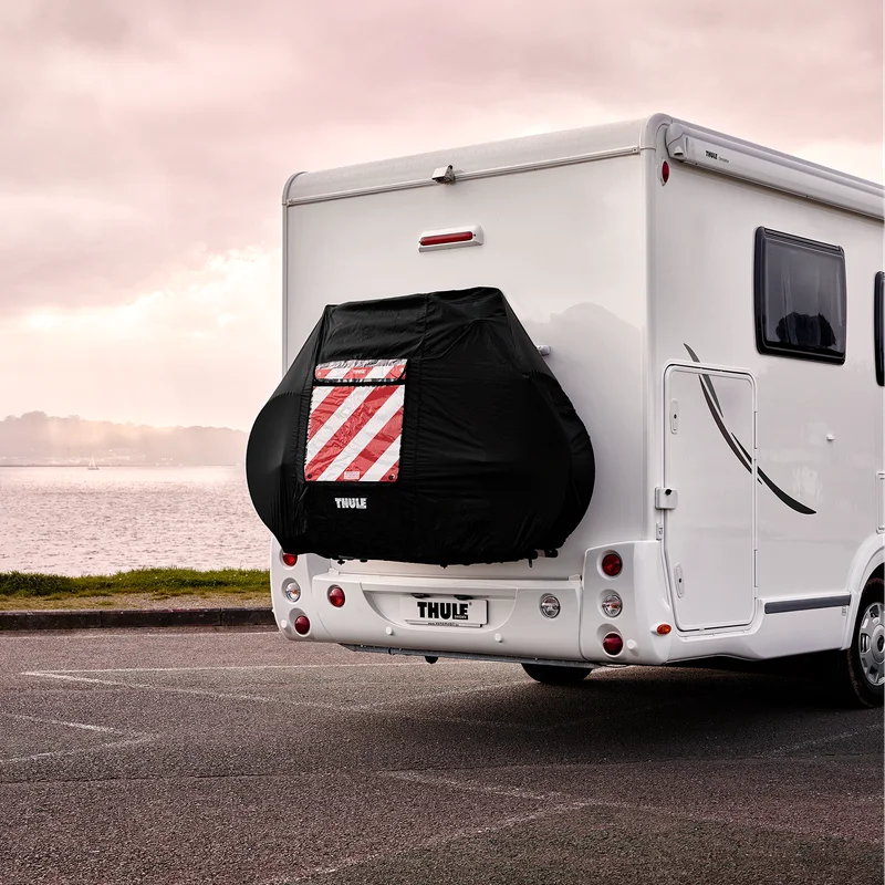 A Thule Rear Warning Sign attached to a Thule Bike Cover attached on a motorhome.