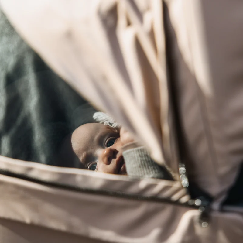 Baby schaut aus dem Inneren des Thule Bassinet.